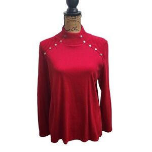 Rafaella Red‎ Mock Neck Long Sleeve Sweater With Silver Button Detail Women's L